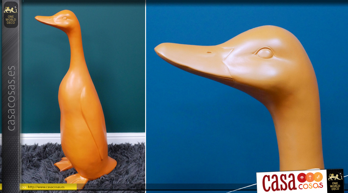 Gideon, gran escultura de pato en resina con acabado mandarina, ambiente campestre moderno, 92cm