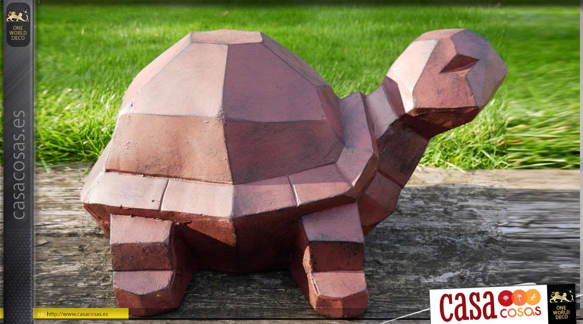 Hermosa tortuga de jardín acabado marrón oscuro, versión geométrica de origami, pátina efecto envejecido, 53cm
