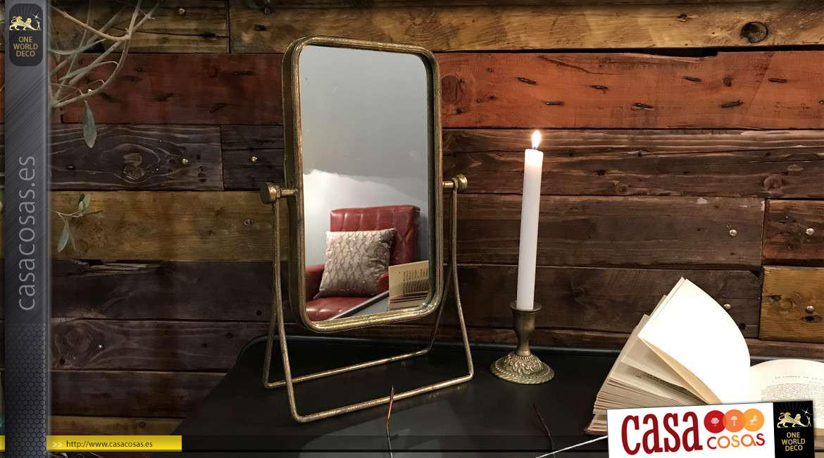 Espejo de mesa de metal, forma rectangular inclinable, acabado dorado antiguo, ambiente retro de 38 cm