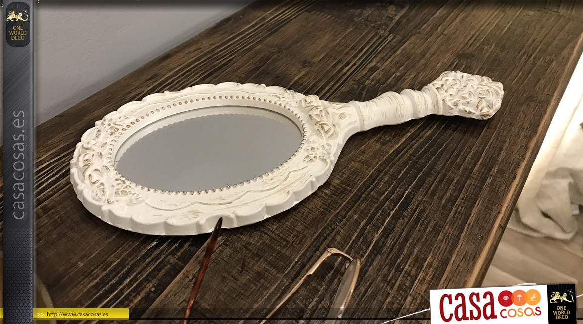 Espejo de mano oval blanco en estilo romántico 29 cm