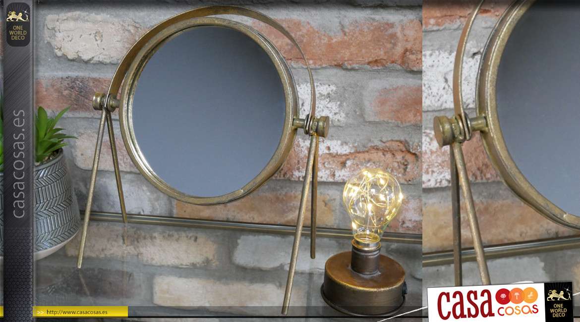 Espejo de mesa de metal, forma circular, acabado bronce antiguo, espíritu retro 31cm de altura