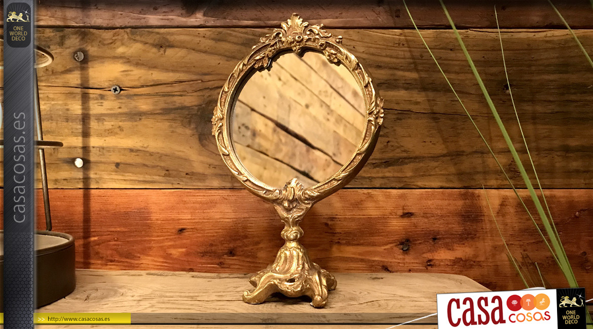 Espejo de mesa pequeño de resina con acabado en oro antiguo, ambiente de tocador barroco, 20cm