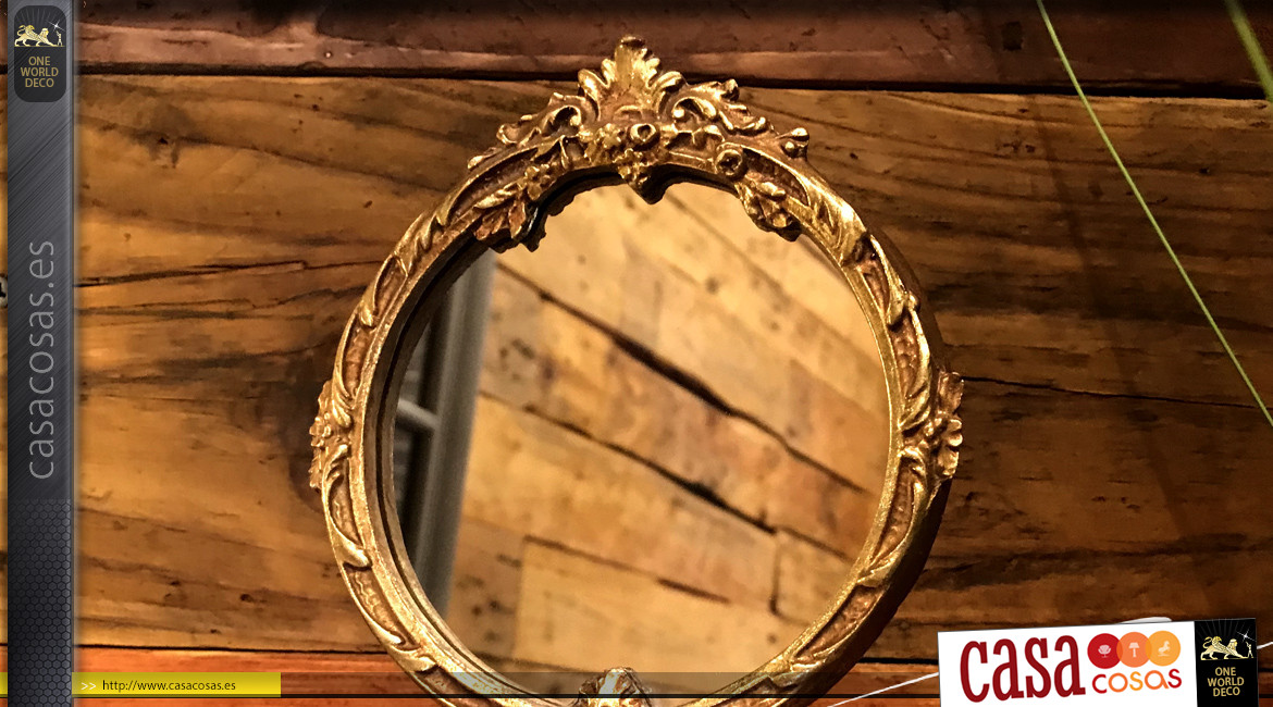 Espejo de mesa pequeño de resina con acabado en oro antiguo, ambiente de tocador barroco, 20cm
