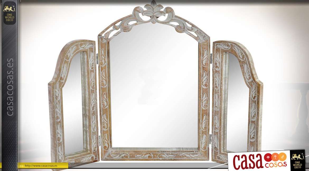 Espejo de tocador de estilo retro en madera de mango tallada 55 cm