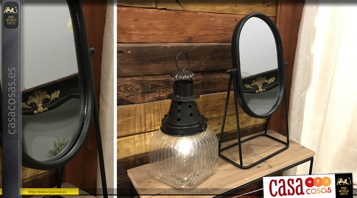Gran espejo de mesa ovalado en pátina negra de metal 49 cm