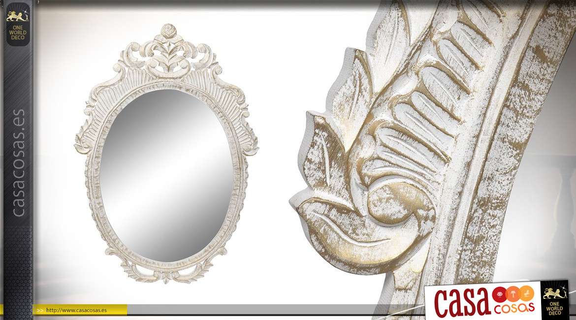 Espejo grande ovalado de estilo barroco, en madera tallada con acabado blanco antiguo 120cm