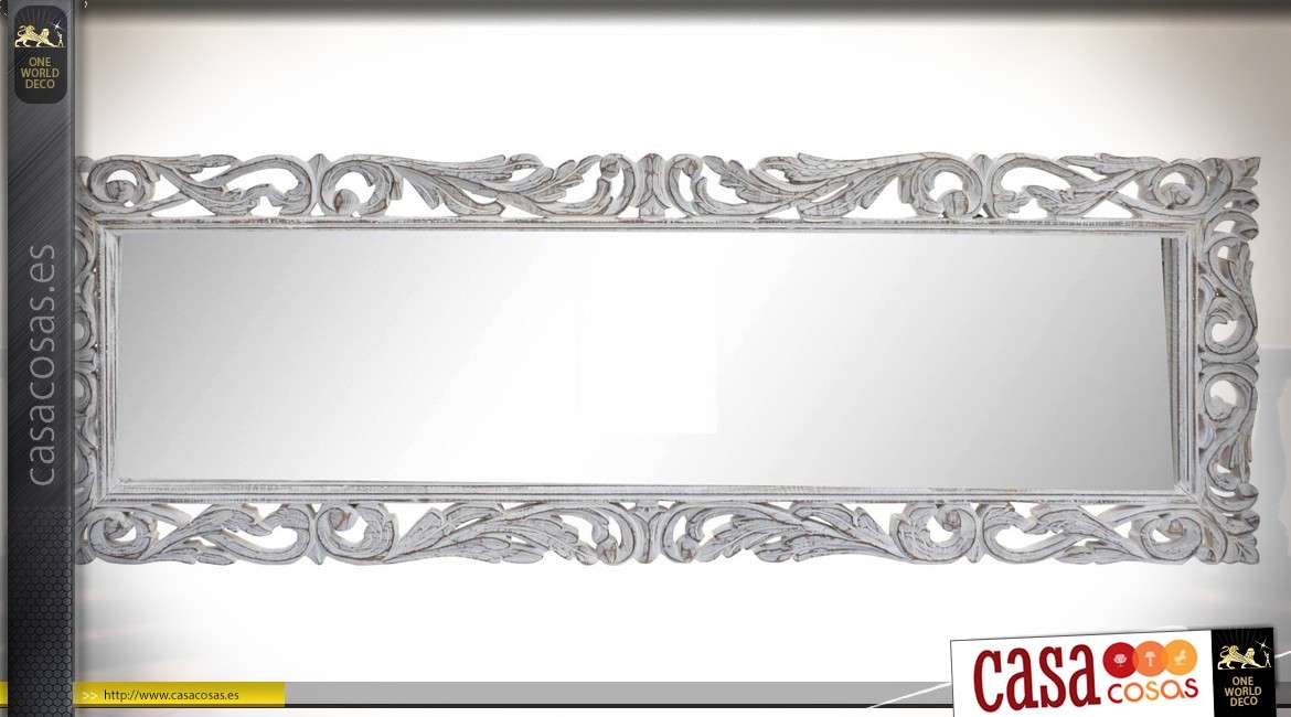 Espejo barroco de madera de mango tallada, pátina blanca envejecida 152 x 51 cm