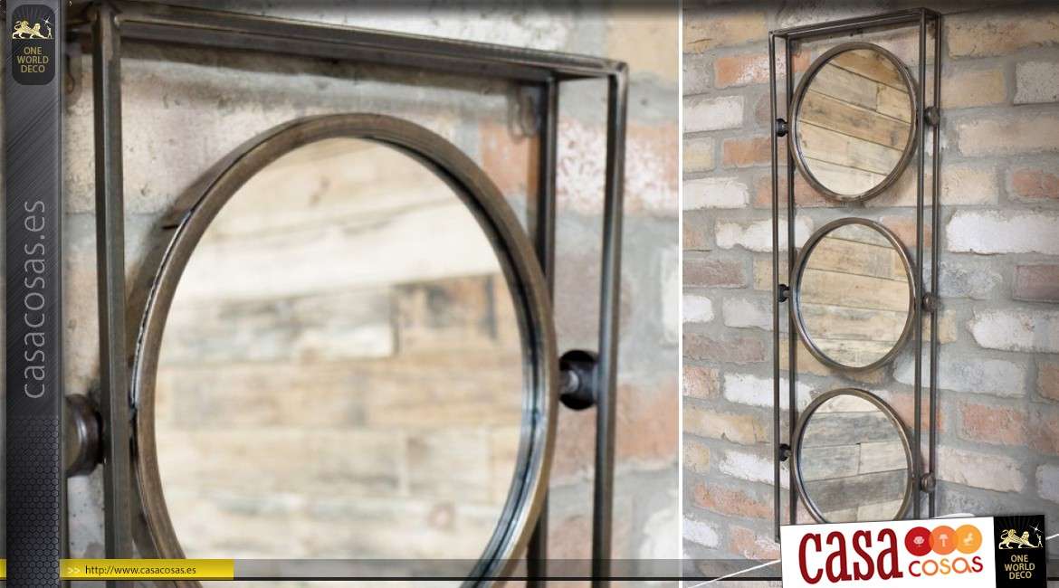 Espejo industrial con tres espejos circulares acabado bronce antiguo 90 cm