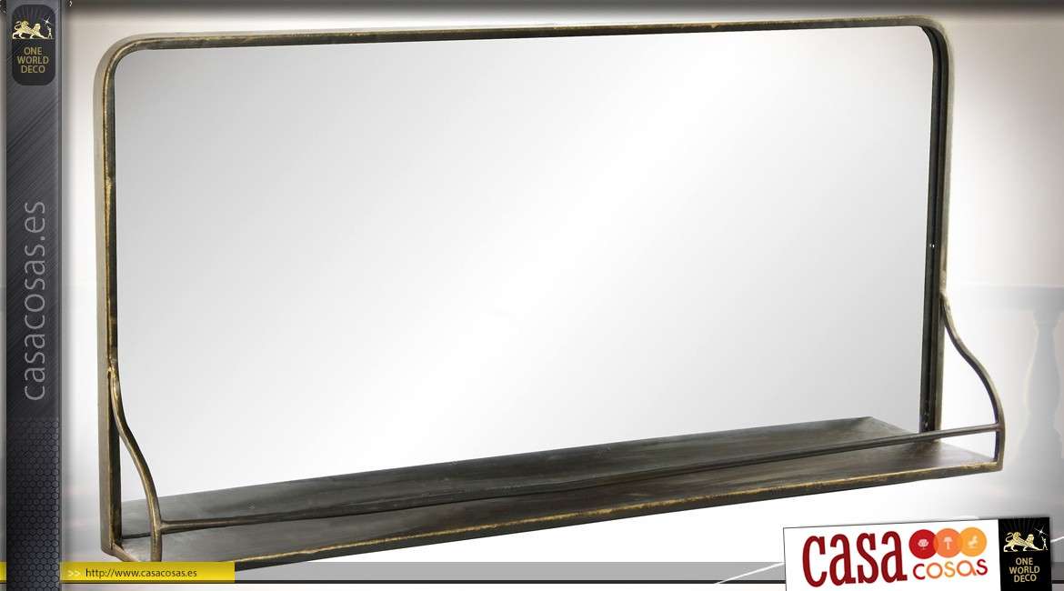 Espejo de pared industrial y retro de metal dorado envejecido con estante 90 cm.