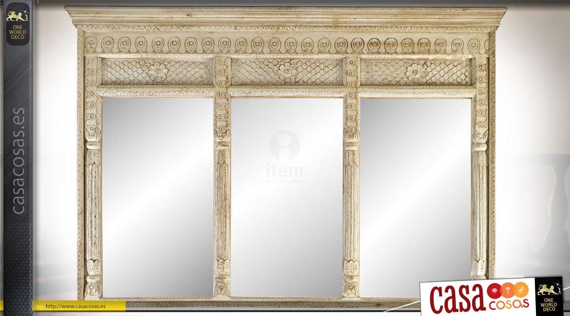 Antiguo espejo de pared de acacia con cornisa, frontón y columna tallada 150 cm