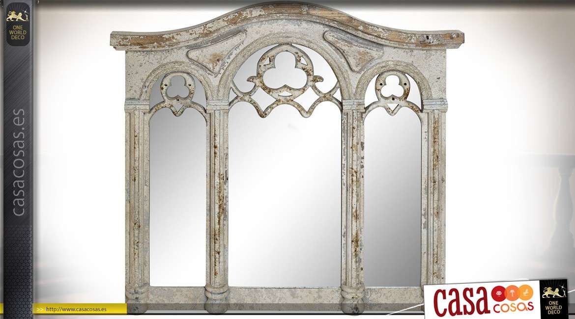 Espejo de pared en tríptico de pátina blanca de estilo gótico envejecido 85 cm
