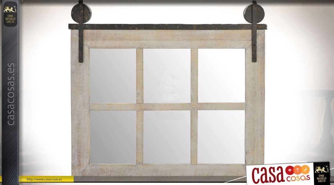 Espejo horizontal de ventana estilo cabaña e industrial de madera y metal 83 cm