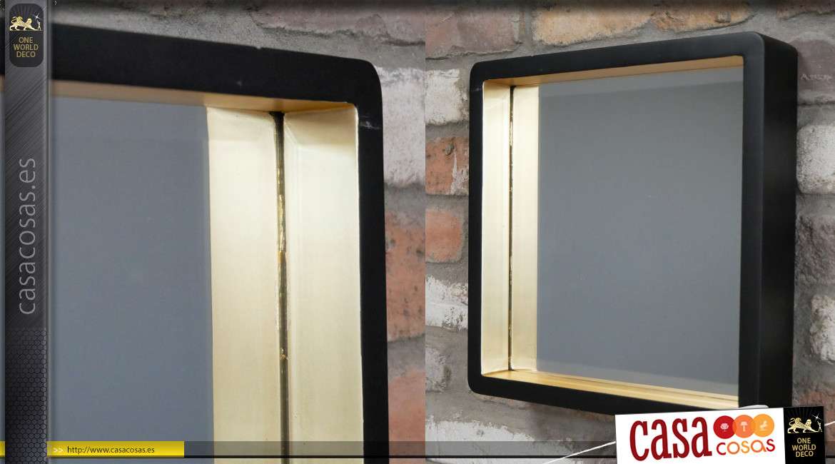 Espejo de madera de estilo Art Déco, acabado negro mate y dorado, marco de efecto profundo, 33 cm