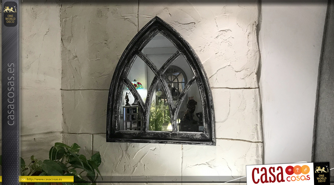 Espejo catedral de madera acabado carbón envejecido, estilo arco, 62cm