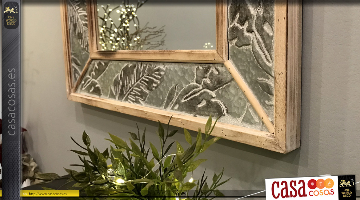 Espejo de estilo moderno en madera y metal espíritu tropical moderno con hojas grandes, acabado blanqueado, 83cm,