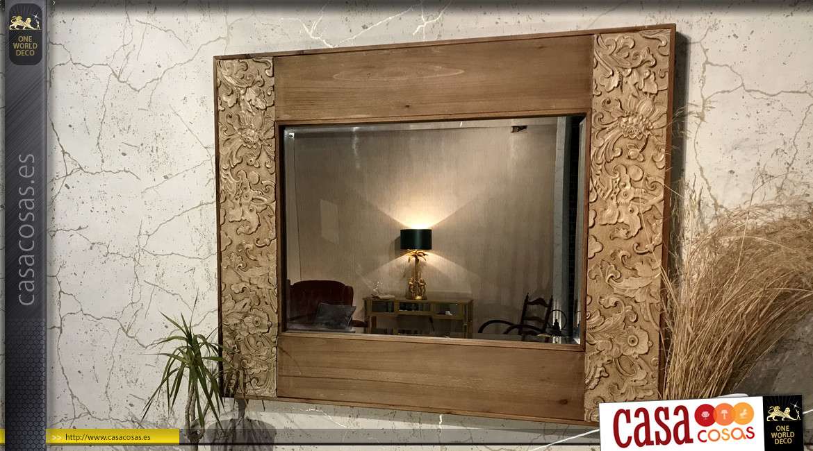 Espejo de estilo retro de madera natural clara, paneles adornados 100 x 80 cm