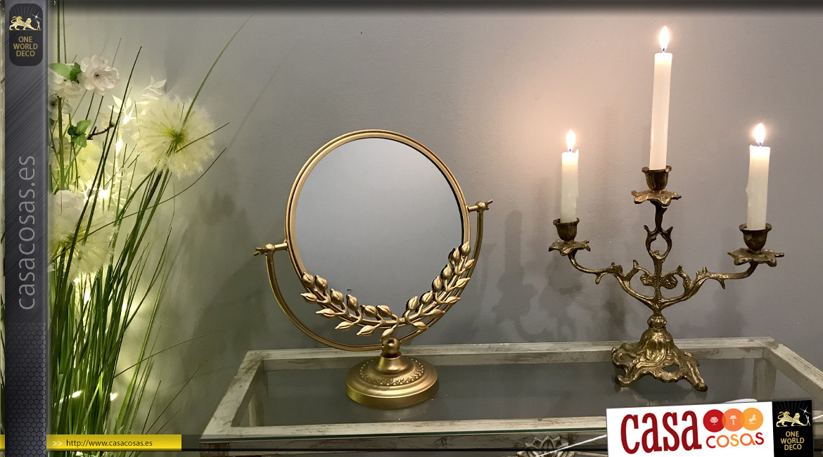 Espejo de mesa redondo con acabado en oro antiguo, efecto de latón envejecido, ambiente elegante, 35 cm