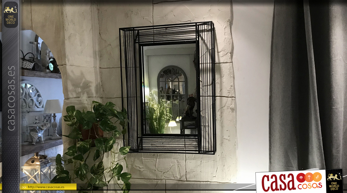 Espejo de metal acabado negro antracita, filamentos geométricos, 92cm