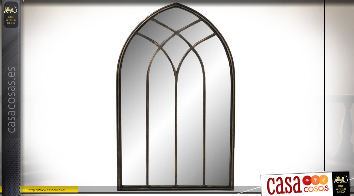 Espejo de metal con forma de ventana, forma ojiva, acabado negro envejecido, 77cm
