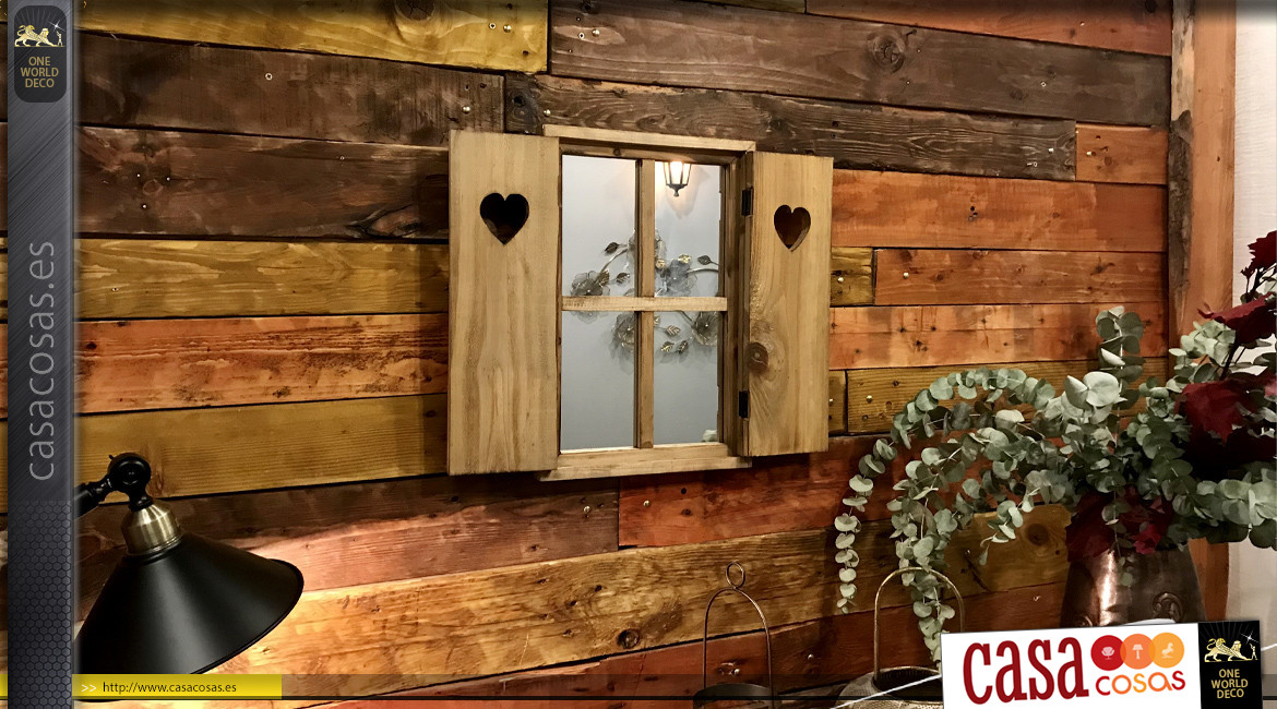 Espejo de pared de madera en bruto, espíritu ventana decorativa , ambiente de chalet de Saboya con corazones recortados en las contraventanas, 45cm
