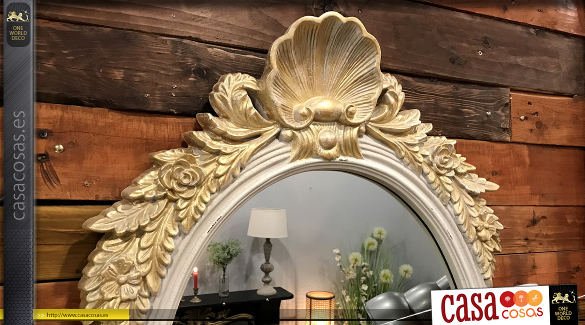 Espejo de madera y resina de estilo barroco, concha frontal y adornos laterales acabado oro envejecido, 94cm