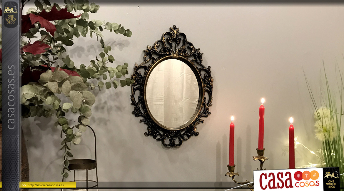 Espejo de pared en forma ovalada y estilo barroco, efecto resina, acabado negro carbón y reflejos dorados, ambiente de castillo antiguo, 52cm