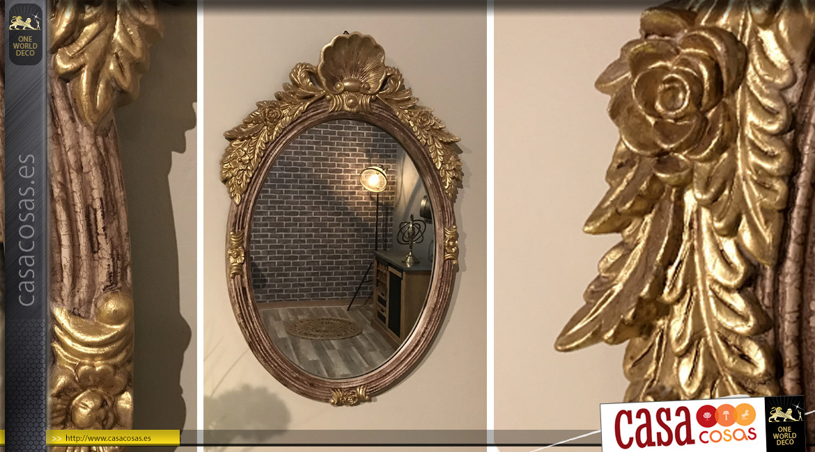 Espejo de pared grande de estilo barroco con concha, acabado dorado antiguo, ambiente de dormitorio de princesa, 93cm