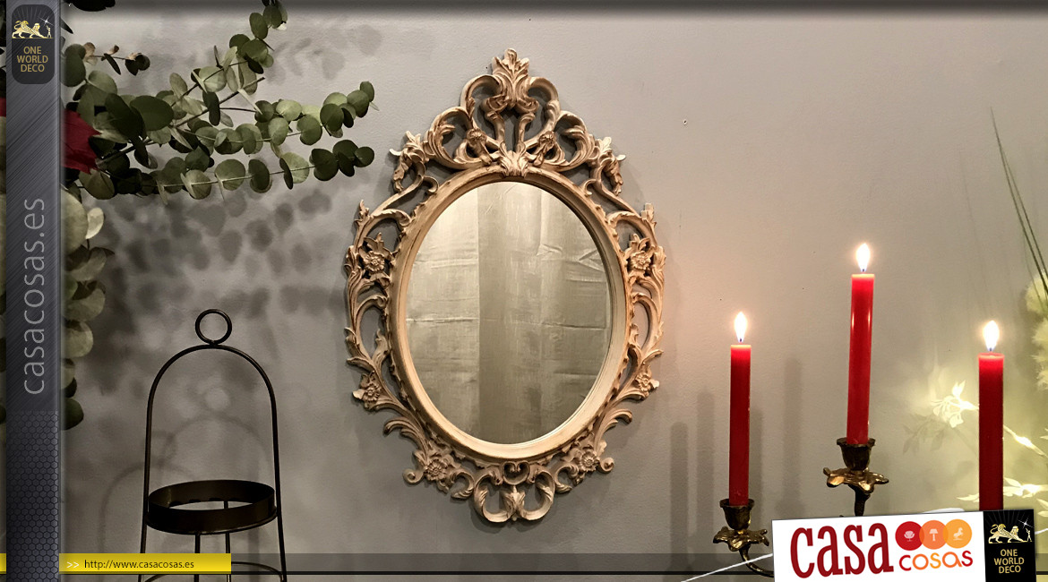Espejo de pared ovalado de estilo barroco, ambiente de tocador clásico antiguo, acabado crema efecto antiguo, 53cm