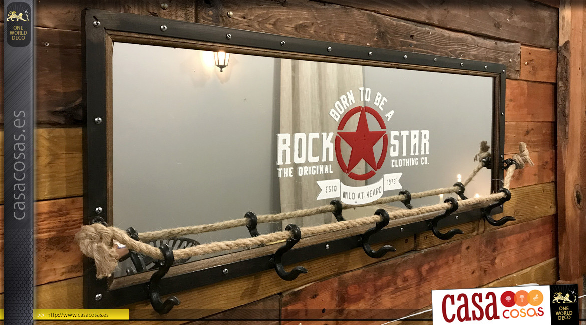 Espejo de perchero en metal, madera y cuerda, ambiente hard rock café, 105cm