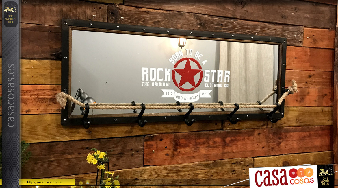 Espejo de perchero en metal, madera y cuerda, ambiente hard rock café, 105cm
