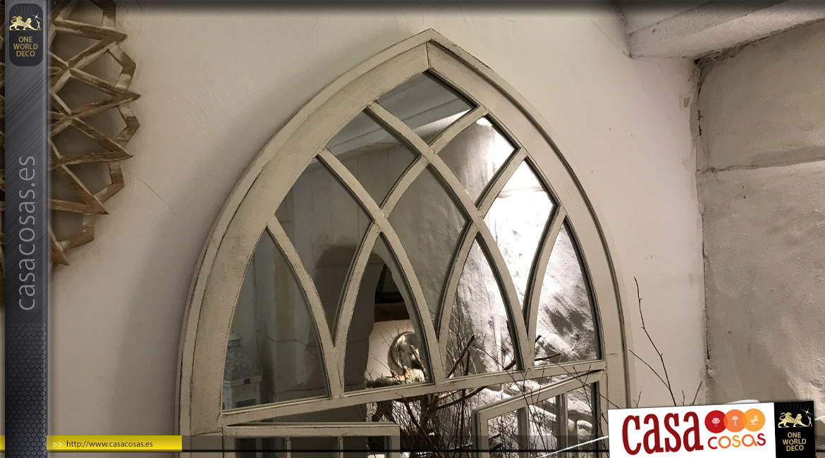 Espejo grande de metal estilo ventana arqueada, acabado blanco antiguo, 118 cm