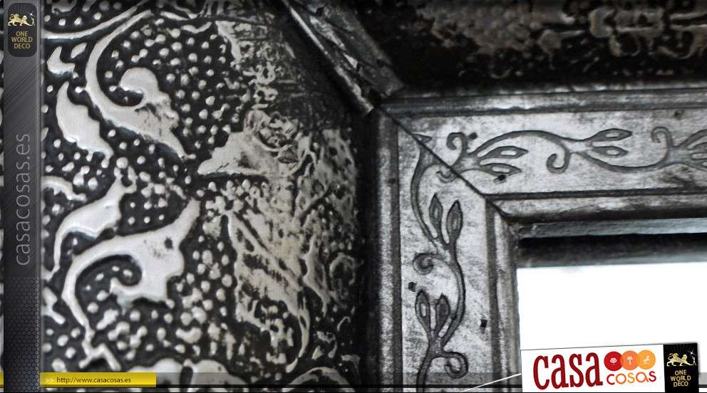 Espejo oriental estilo marroquí metal negro y plateado en relieve