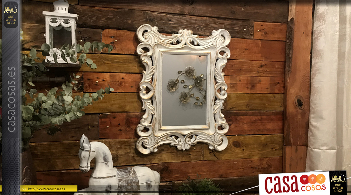 Espejo rectangular de estilo baroco romántico, efecto envejecido acabado blanco con reflejos dorados, ambiente chic, 65cm