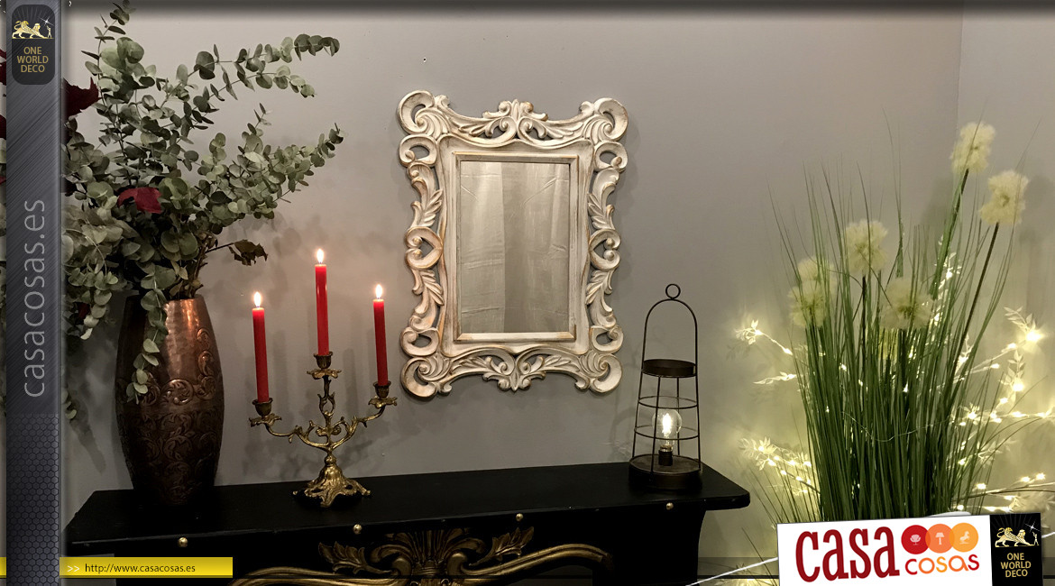 Espejo rectangular de estilo baroco romántico, efecto envejecido acabado blanco con reflejos dorados, ambiente chic, 65cm