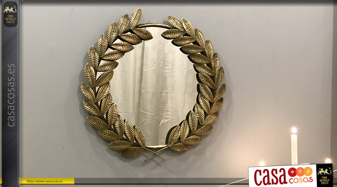 Espejo redondo de metal, espíritu antiguo de Roma, acabado en metal dorado, rama de laurel 56cm