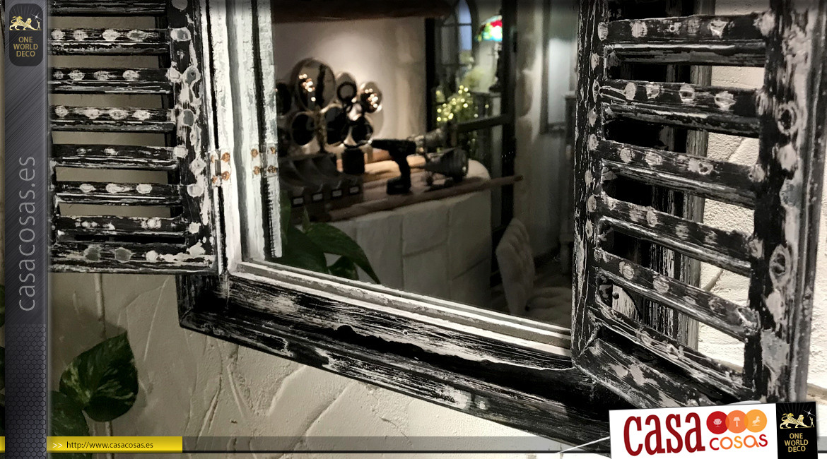 Espejo ventana de madera con contraventanas acabado carbón envejecido, 60cm