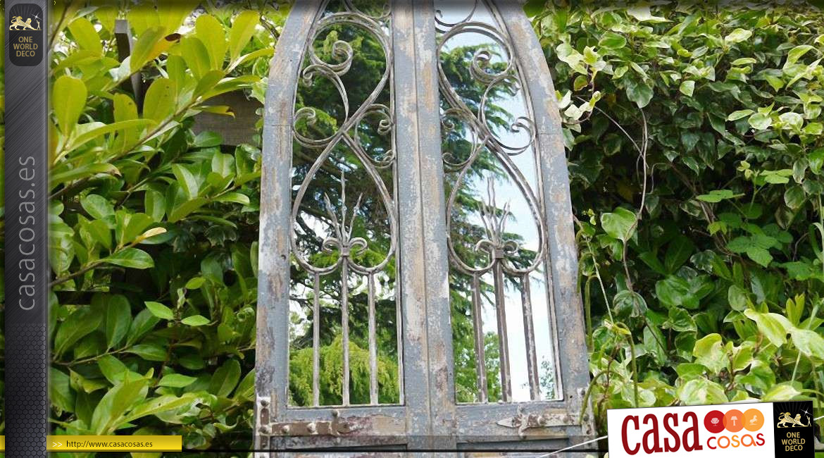 Gran puerta espejo de estilo rústico en madera y hierro forjado 180 cm