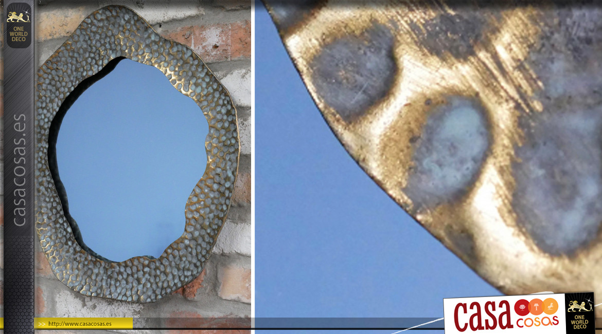 Espejo de pared circular con estructura de metal, acabado dorado envejecido, efecto envejecido, Ø50cm