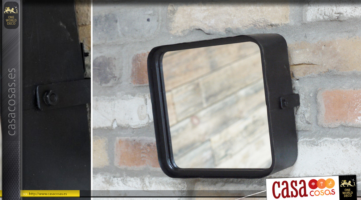 Espejo de pared abatible pequeño, en metal negro efecto envejecido, ambiente de guardarropa de fábrica, 21cm