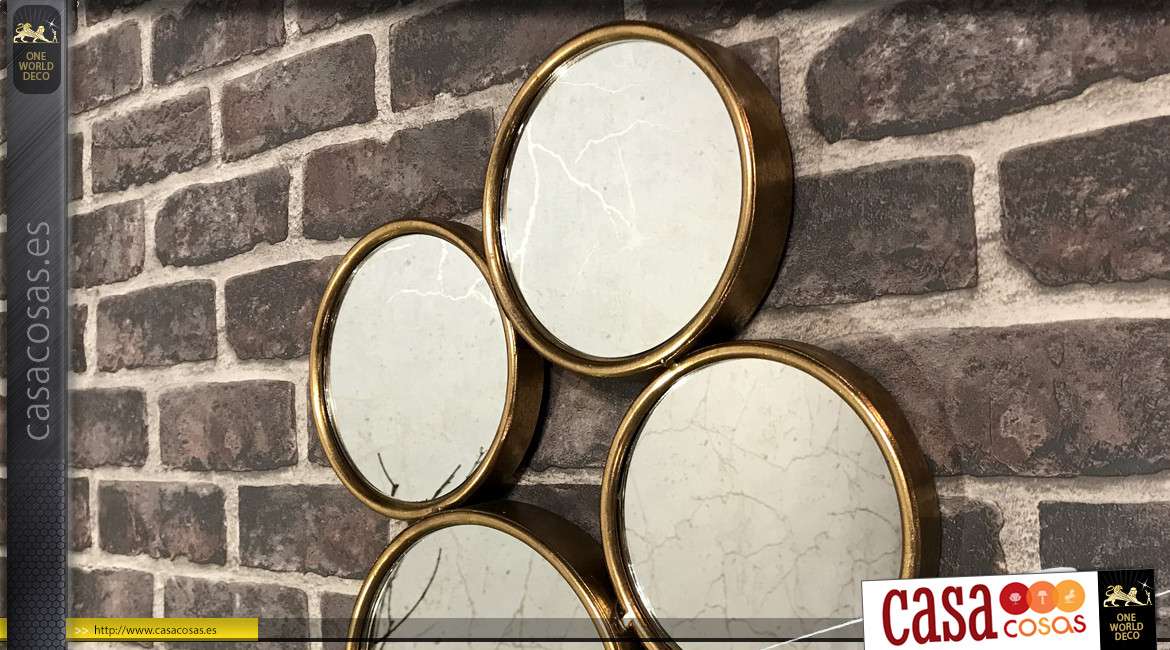 Espejo de metal de estilo moderno, acabado oro viejo compuesto por 9 círculos de diferentes tamaños, 91cm de alto