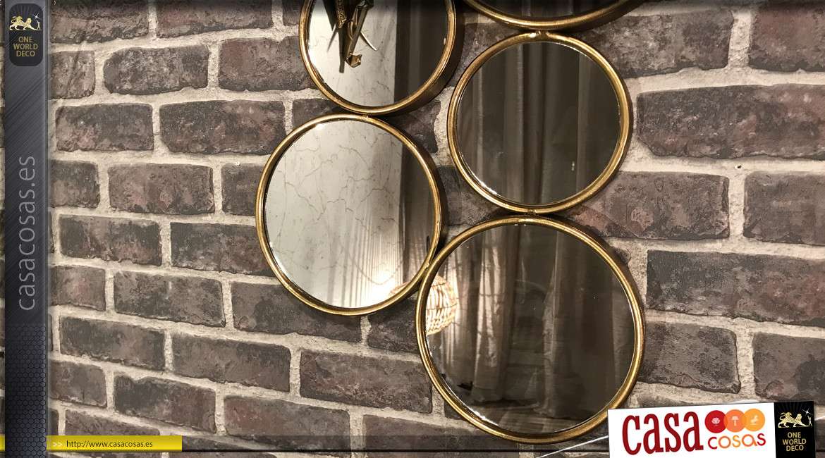 Espejo de metal de estilo moderno, acabado oro viejo compuesto por 9 círculos de diferentes tamaños, 91cm de alto