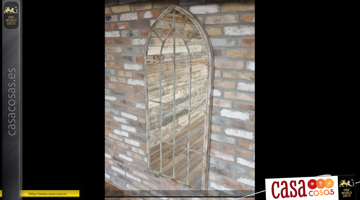Espejo de metal en forma de ventana gótica pátina de metal encalado 159 cm