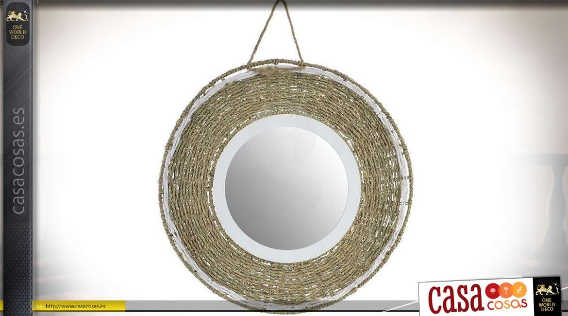 Espejo circular colgante de madera y fibra trenzada Ø 51 cm