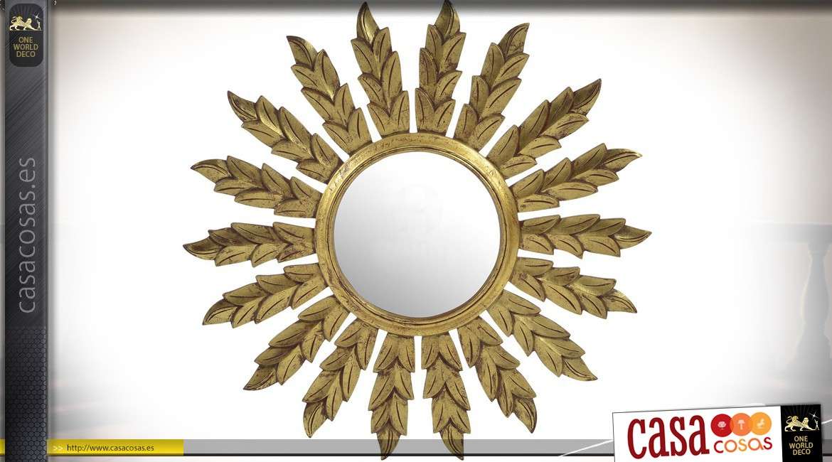Espejo redondo de madera con forma de efecto envejecido dorado Ø 79 cm