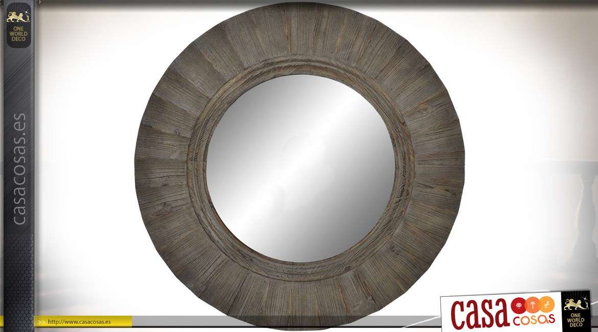 Espejo redondo grande de madera maciza envejecida estilo rústico Ø 80 cm