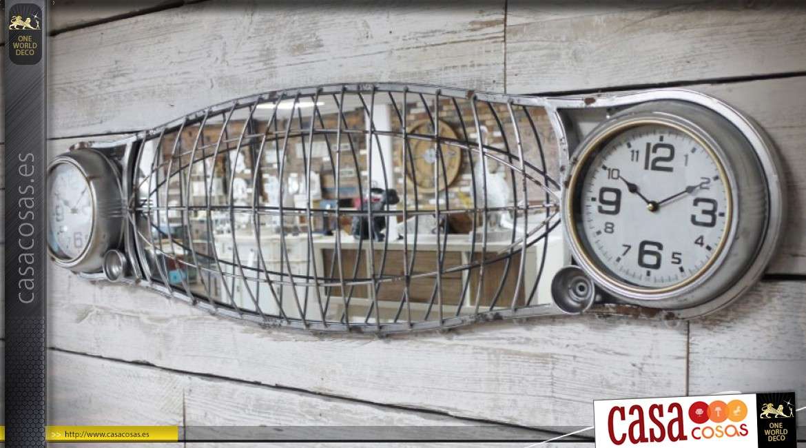Espejo de pared retro e industrial en forma de rejilla antigua con 2 relojes de 145 cm.