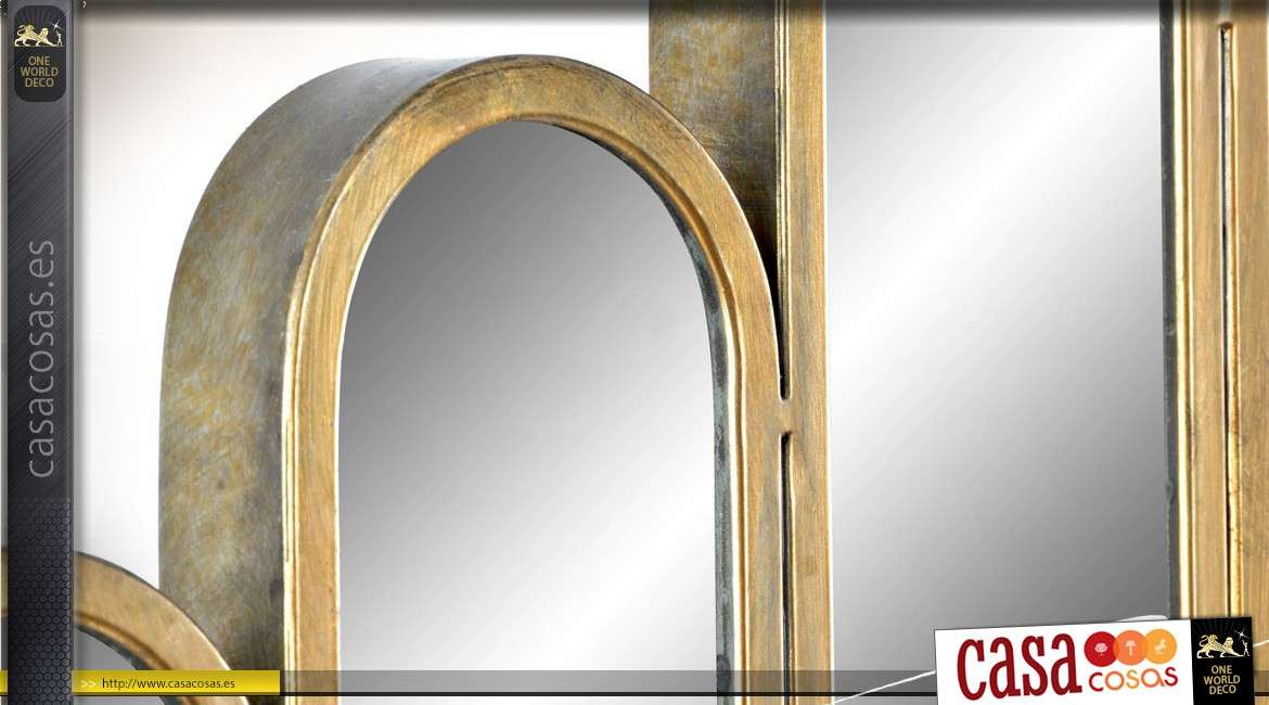 Espejo de diseño, de metal dorado antiguo con efecto gráfico, en relieve multi-rayos 90 cm