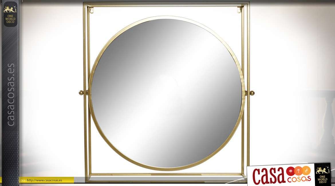 Espejo redondo con marco cuadrado de metal en relieve y pátina dorada72 cm
