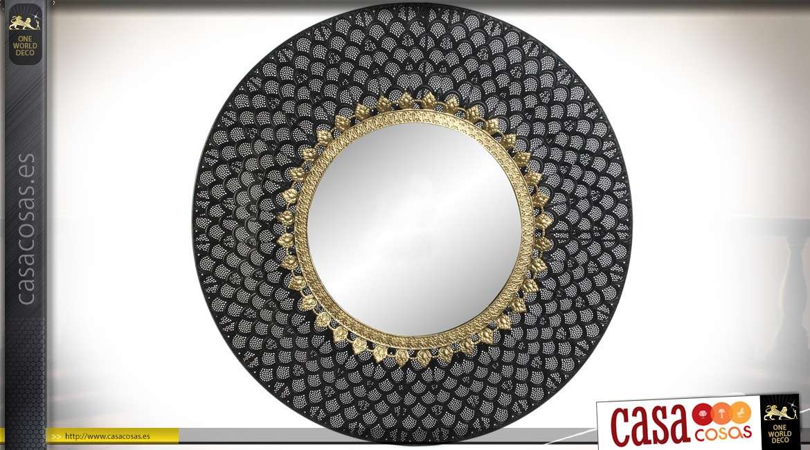 Espejo redondo de estilo oriental negro y dorado Ø 80 cm.
