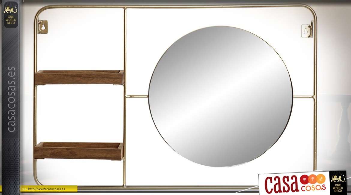 Espejo de pared de metal retro e industrial con 2 estantes pequeños, de madera de 60 x 40 cm.